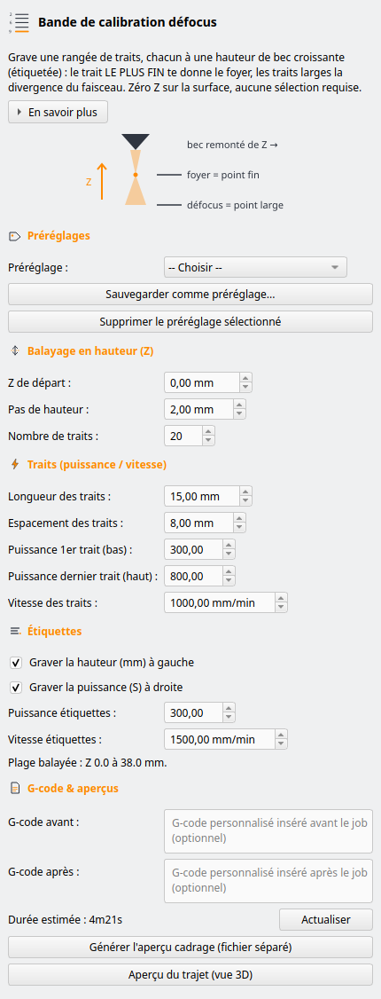 Panneau Bande de calibration défocus