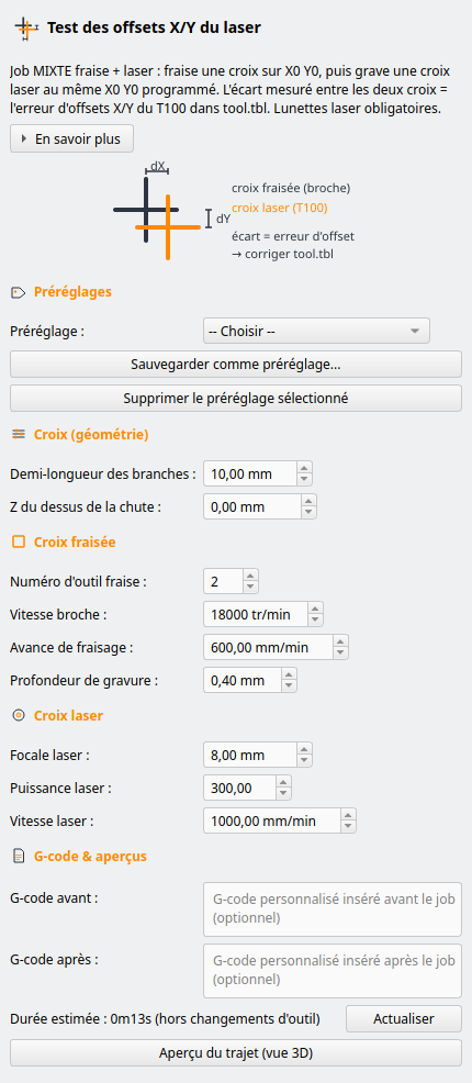 Panneau Test des offsets X/Y
